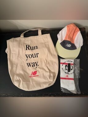 BRAND NEW! New Balance “Run your way.” canvas tote and socks, NB “Rebel” cap
